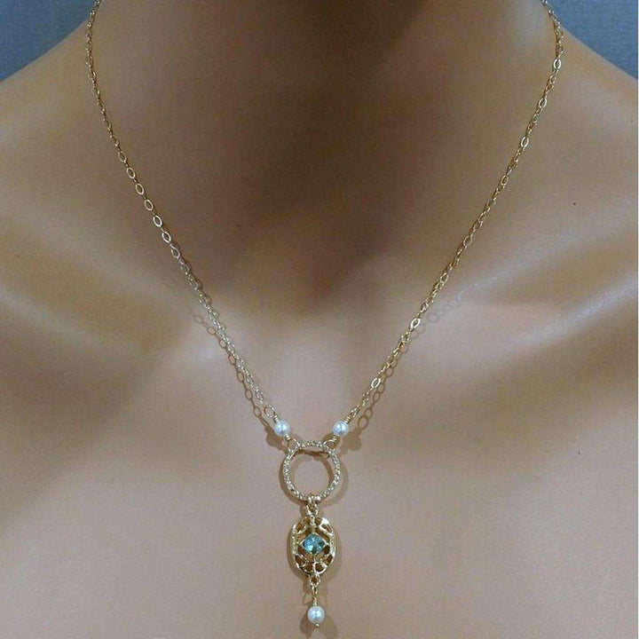 14 CT Gold-Filled Hammered Green Crystal Open Circle Filigree Necklace - Necklace - Alexa Martha Designs   