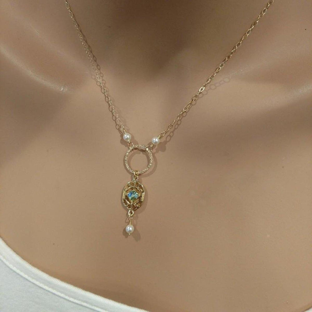 14 CT Gold-Filled Hammered Green Crystal Open Circle Filigree Necklace - Necklace - Alexa Martha Designs   