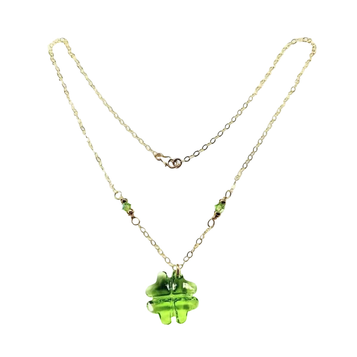 14 K Gold Filled Light Green Crystal Clover Necklace featuring a clover pendant and elegant chain.