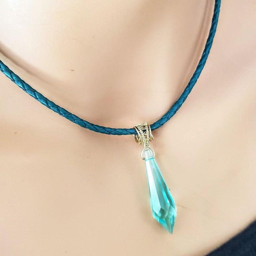14 K Gold Filled Wire Wrapped Aqua Crystal Teardrop Leather Choker Necklace - Necklace - Alexa Martha Designs   