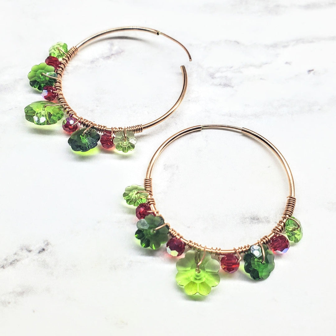 14 K Rose Gold Filled Red and Green  Holly Berry Crystal Hoops - Hoop Earrings - Alexa Martha Designs   
