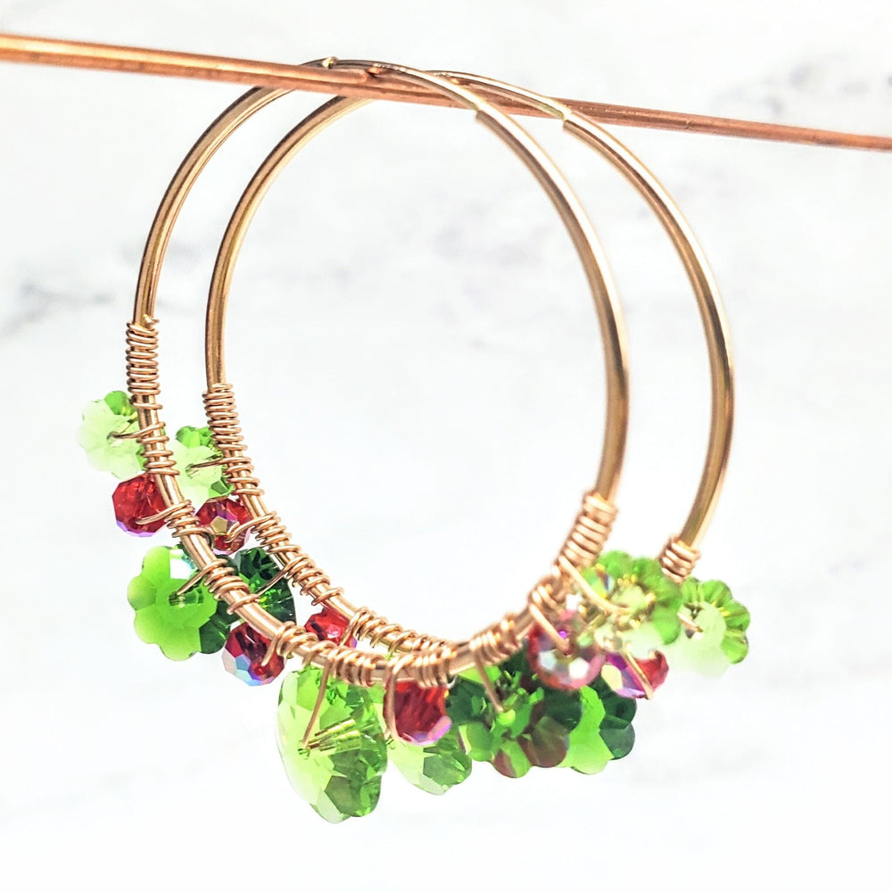 14 K Rose Gold Filled Red and Green  Holly Berry Crystal Hoops Alexa Martha Designs
