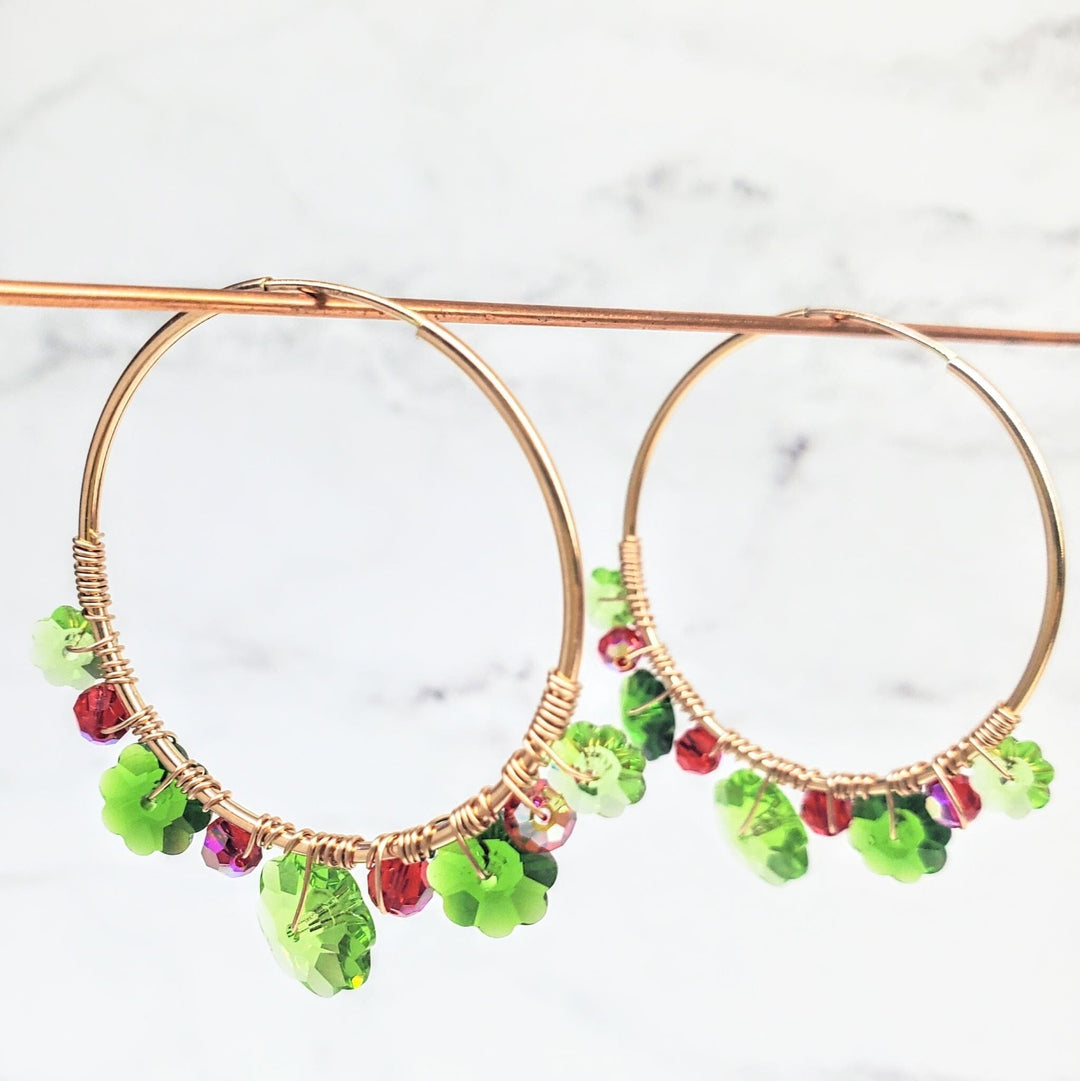 14 K Rose Gold Filled Red and Green  Holly Berry Crystal Hoops - Hoop Earrings - Alexa Martha Designs   
