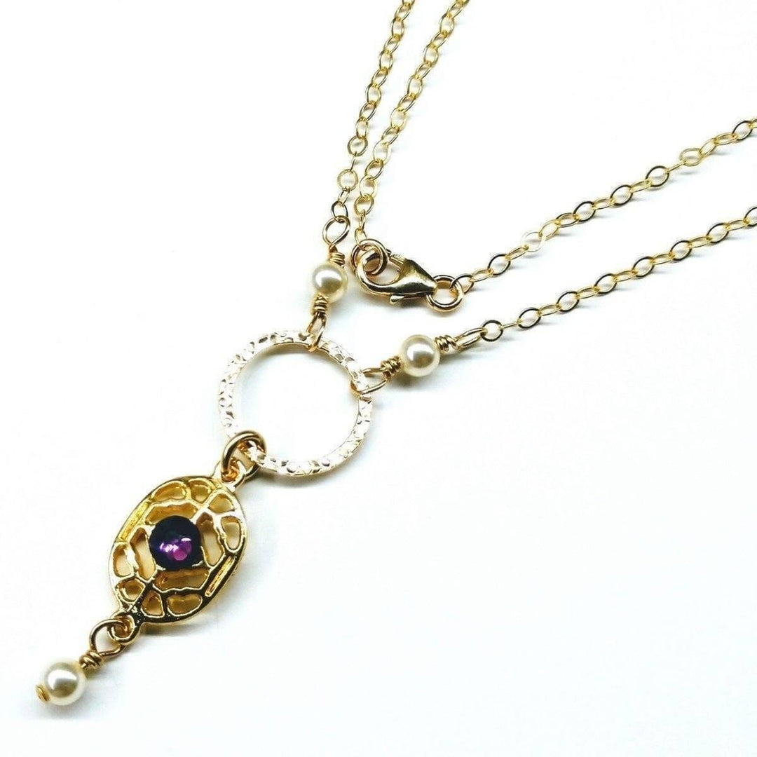 AMD114114 KT Gold Filled Hammered Circle Purple Crystal Filigree Pearl Necklace JewelryNecklace$ 119.00Alexa Martha Designs