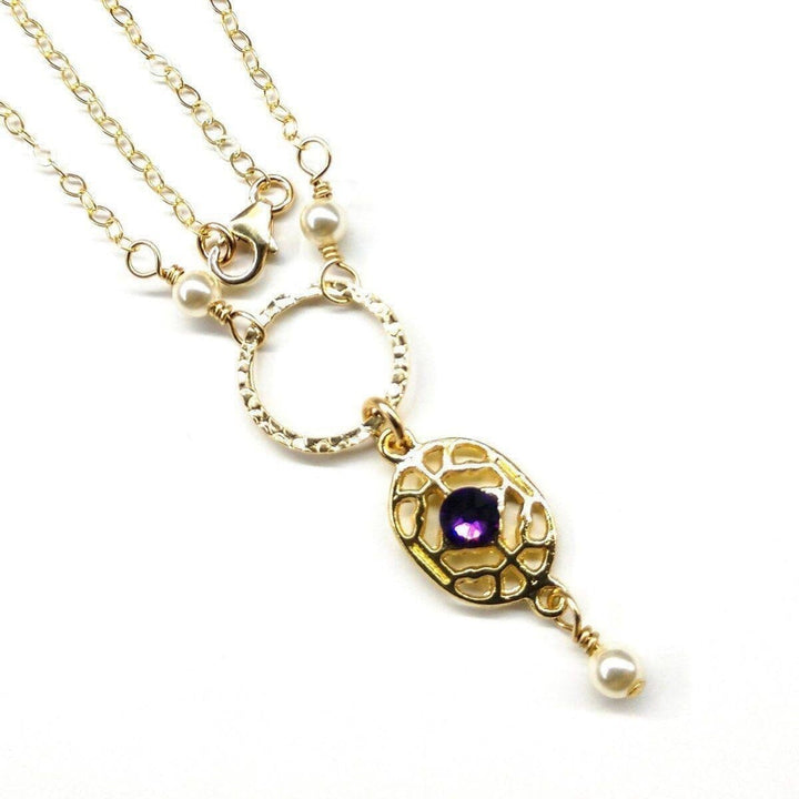 AMD114114 KT Gold Filled Hammered Circle Purple Crystal Filigree Pearl Necklace JewelryNecklace$ 119.00Alexa Martha Designs