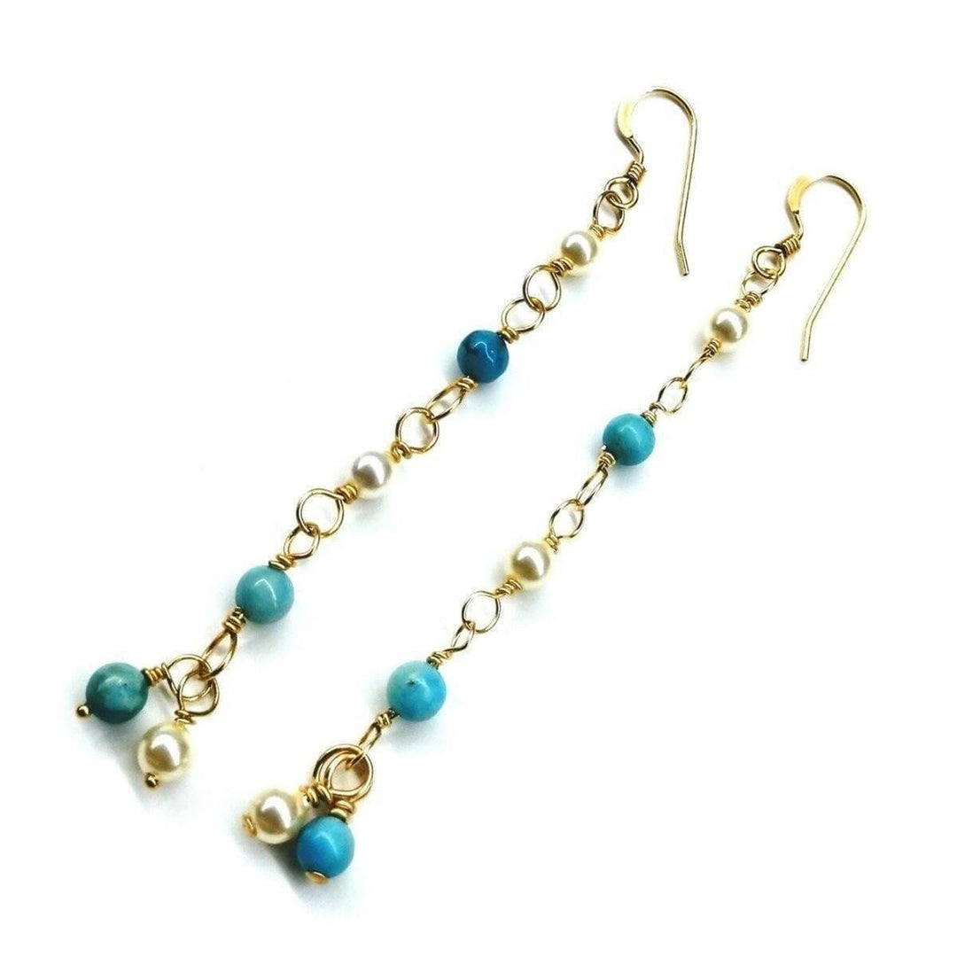 14 KT Gold Filled Wire Wrapped Long Turquoise Pearl Dangle Earrings - Earrings - Alexa Martha Designs   