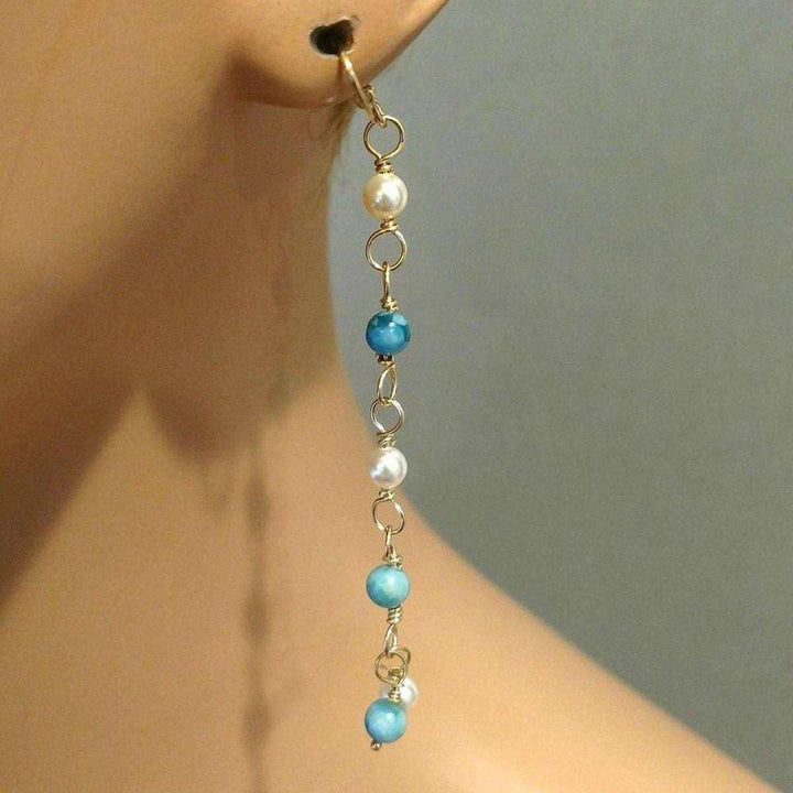 14 KT Gold Filled Wire Wrapped Long Turquoise Pearl Dangle Earrings Alexa Martha Designs