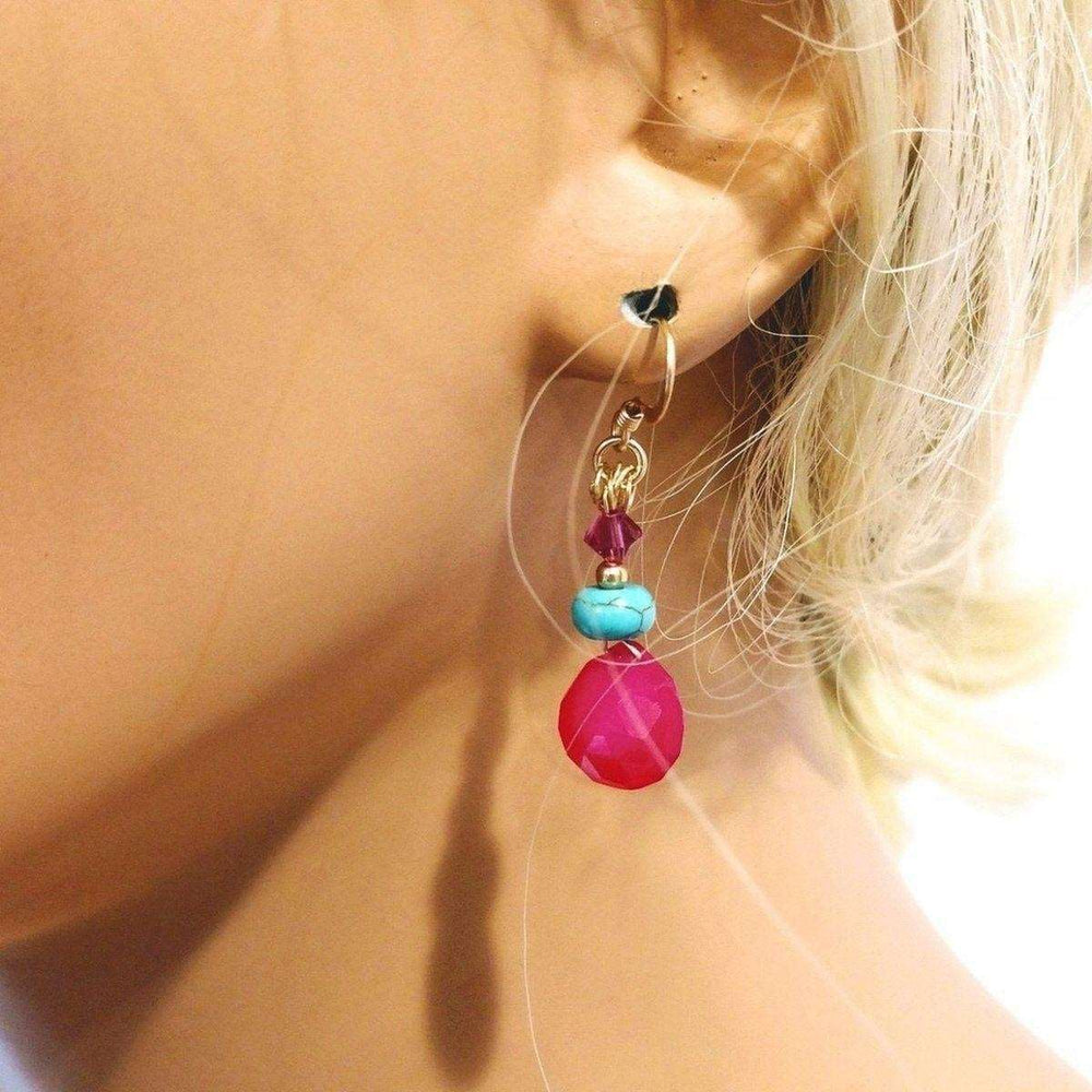 14 KT Gold Filled Wire Wrapped Pink And Turquoise Drop Gemstone Earrings Alexa Martha Designs