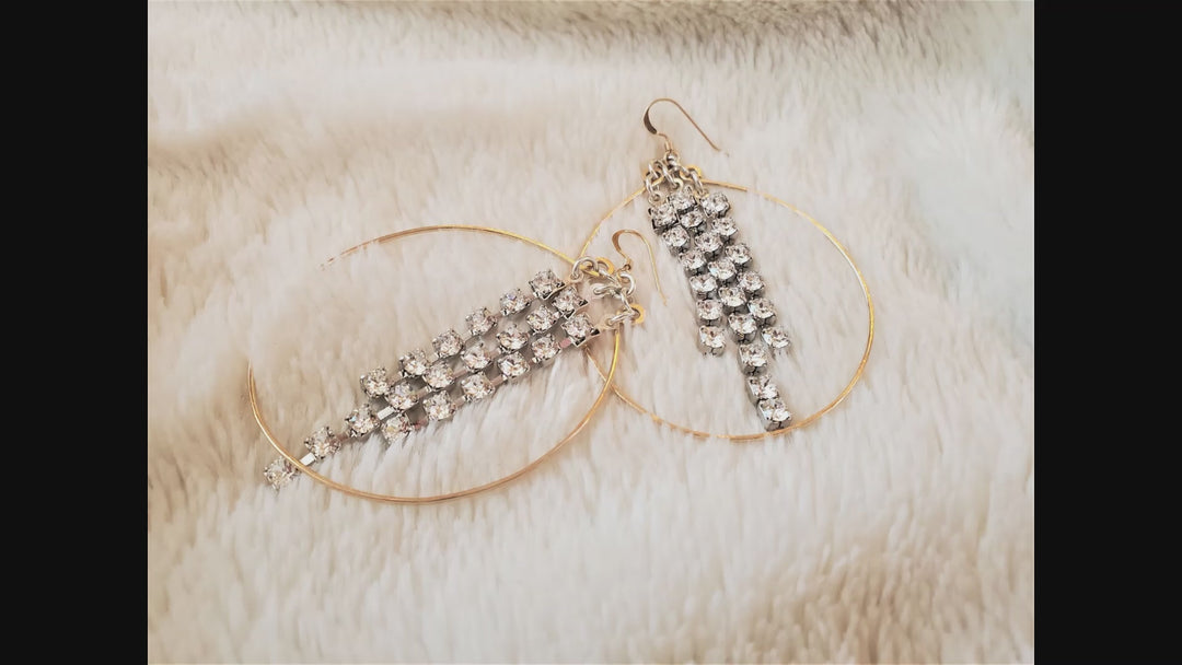 Golden Oval Hoop Crystal Chain Earrings