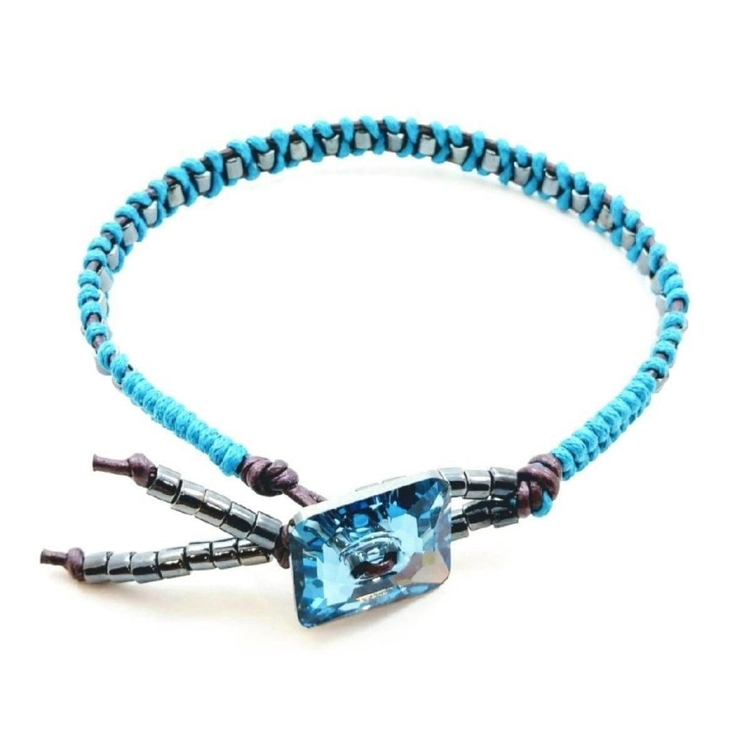 Aqua Hematite Bead Braided Square Swarovski Crystal Button Bracelet - Bracelet - Alexa Martha Designs   