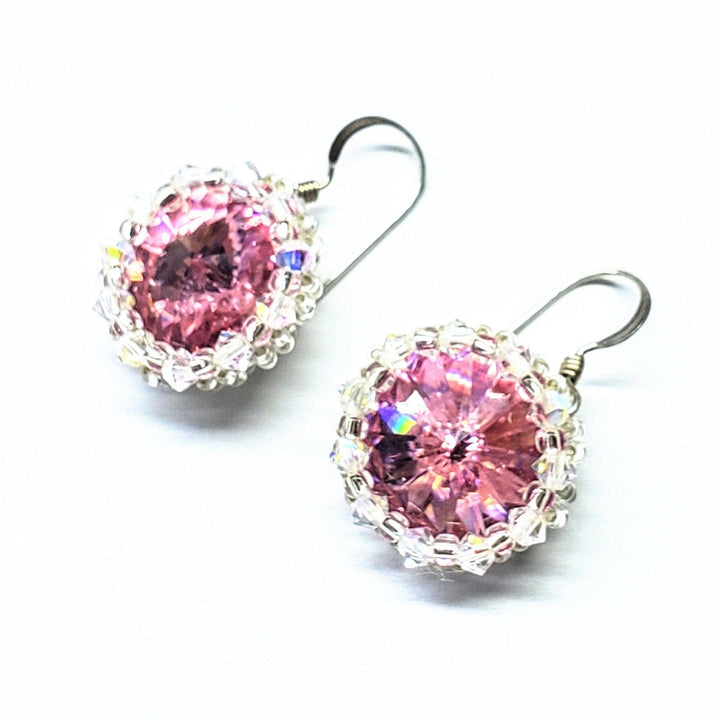 Beaded Bezel Pink Crystal Halo Earrings Alexa Martha Designs