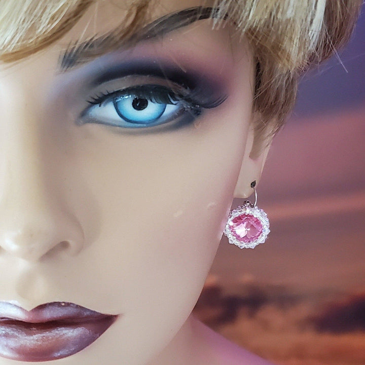 Beaded Bezel Pink Crystal Halo Earrings -  - Alexa Martha Designs   