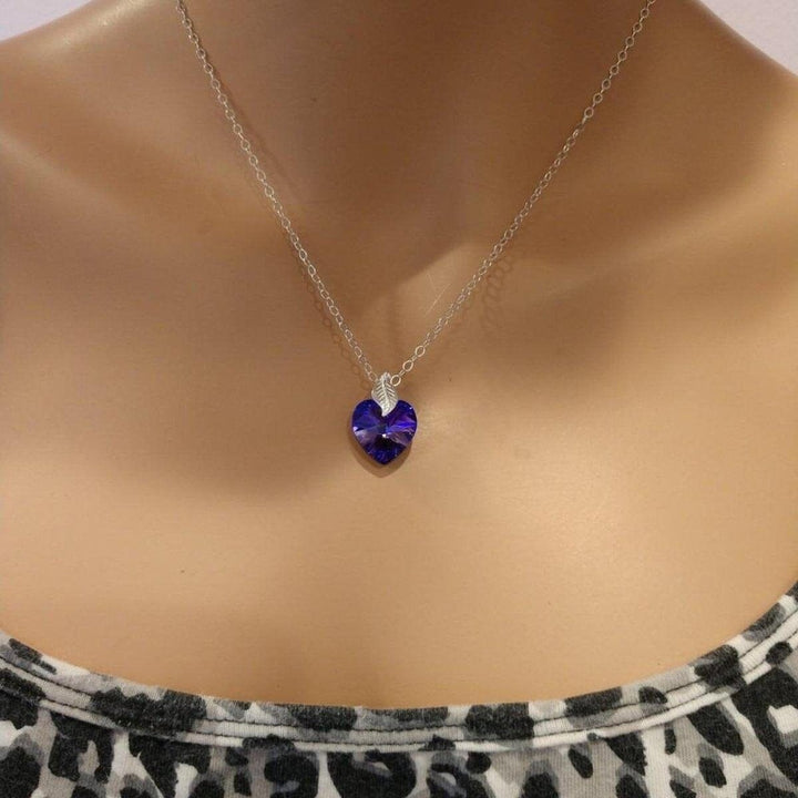 Blue Azure Crystal Heart Silver Leaf Necklace - Necklace - Alexa Martha Designs   