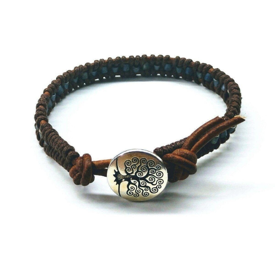 Brown Grey Leather Wrap Seed Bead Tree of Life Button Bracelet Alexa Martha Designs