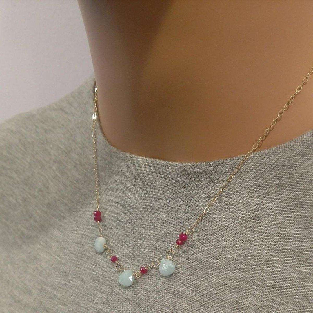 Dainty Gold Chain Mint and Hot Pink Gemstone Necklace - Necklace - Alexa Martha Designs   