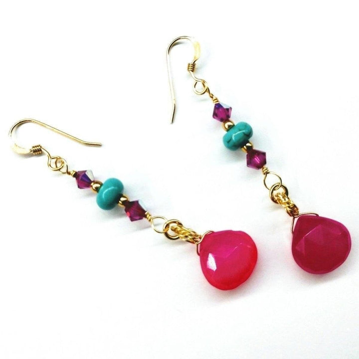 Gold Filled Wire Wrapped Pink And Turquoise Gemstone Earrings - Earrings - Alexa Martha Designs   