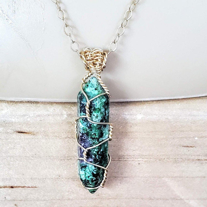 Gold Wire Wrapped Caged In Ruby In Zoisite Pointed Crystal Necklace - Necklace - Alexa Martha Designs   