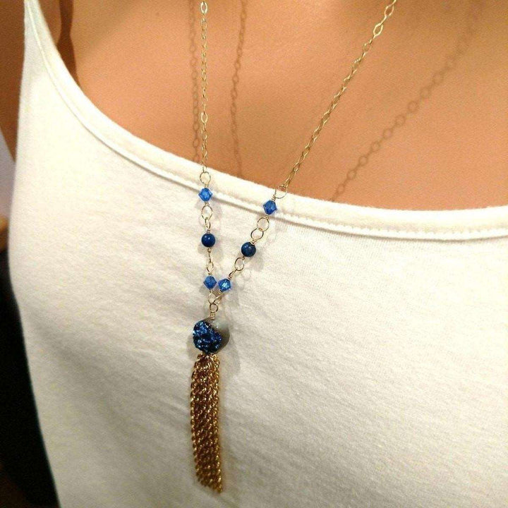 Golden Blue Druzy Chain Tassel Necklace - Necklaces - Alexa Martha Designs   