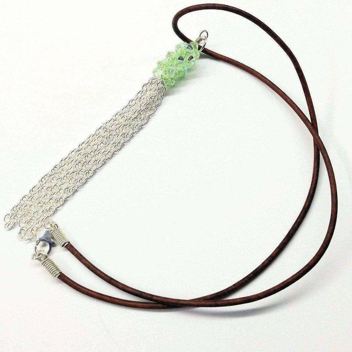 Green Crystal Barrel Silver Chain Tassel Leather Necklace - Necklace - Alexa Martha Designs   