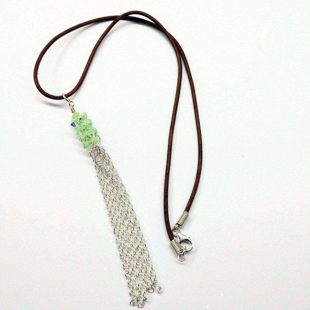 Green Crystal Barrel Silver Chain Tassel Leather Necklace - Necklace - Alexa Martha Designs   
