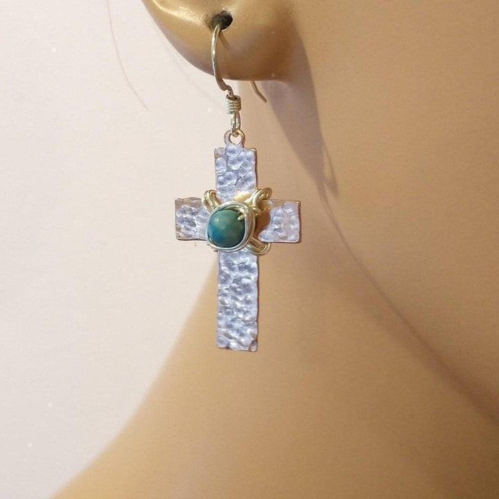 Hammered Copper Cross Earrings with Turquoise Beads Alexa Martha Designs