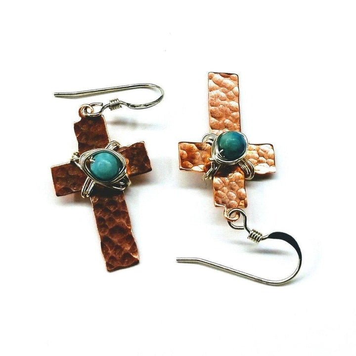 Hammered Copper Cross Earrings with Turquoise Beads - Earrings - Alexa Martha Designs   