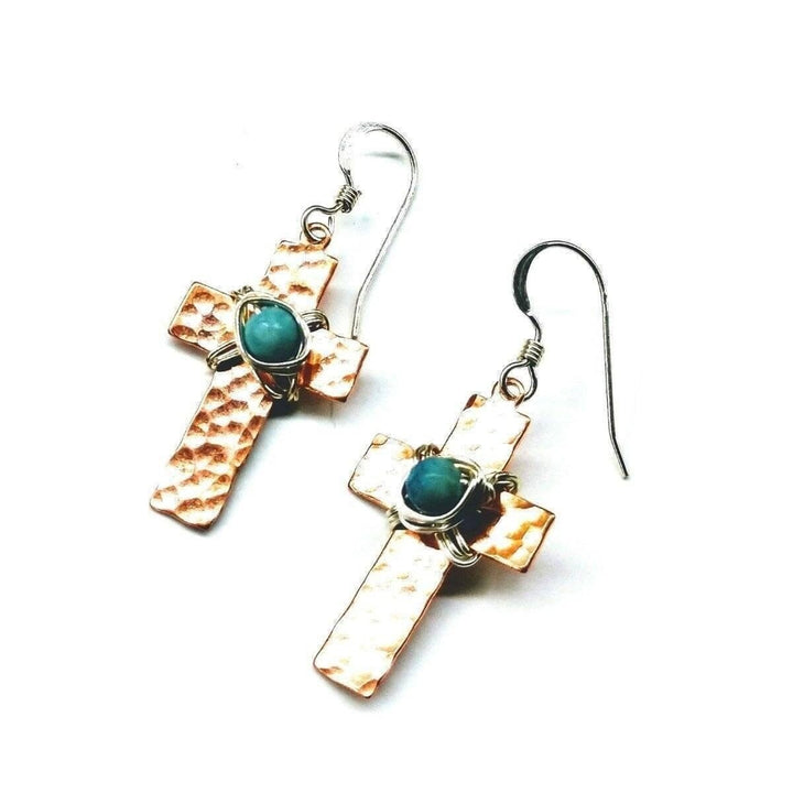 Hammered Copper Cross Earrings with Turquoise Beads - Earrings - Alexa Martha Designs   