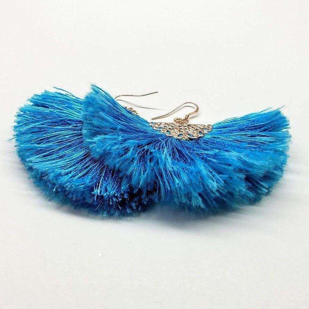 Handmade Aqua Brushed Rayon Silk Fan Tassel Earrings - Earrings - Alexa Martha Designs   