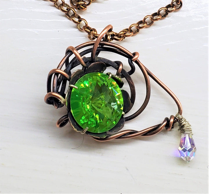 Handmade Wire Sculpted Green Crystal Copper Eye Necklace - Necklace - Alexa Martha Designs   