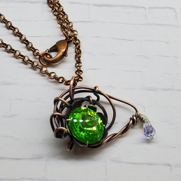 Handmade Wire Sculpted Green Crystal Copper Eye Necklace - Necklace - Alexa Martha Designs   