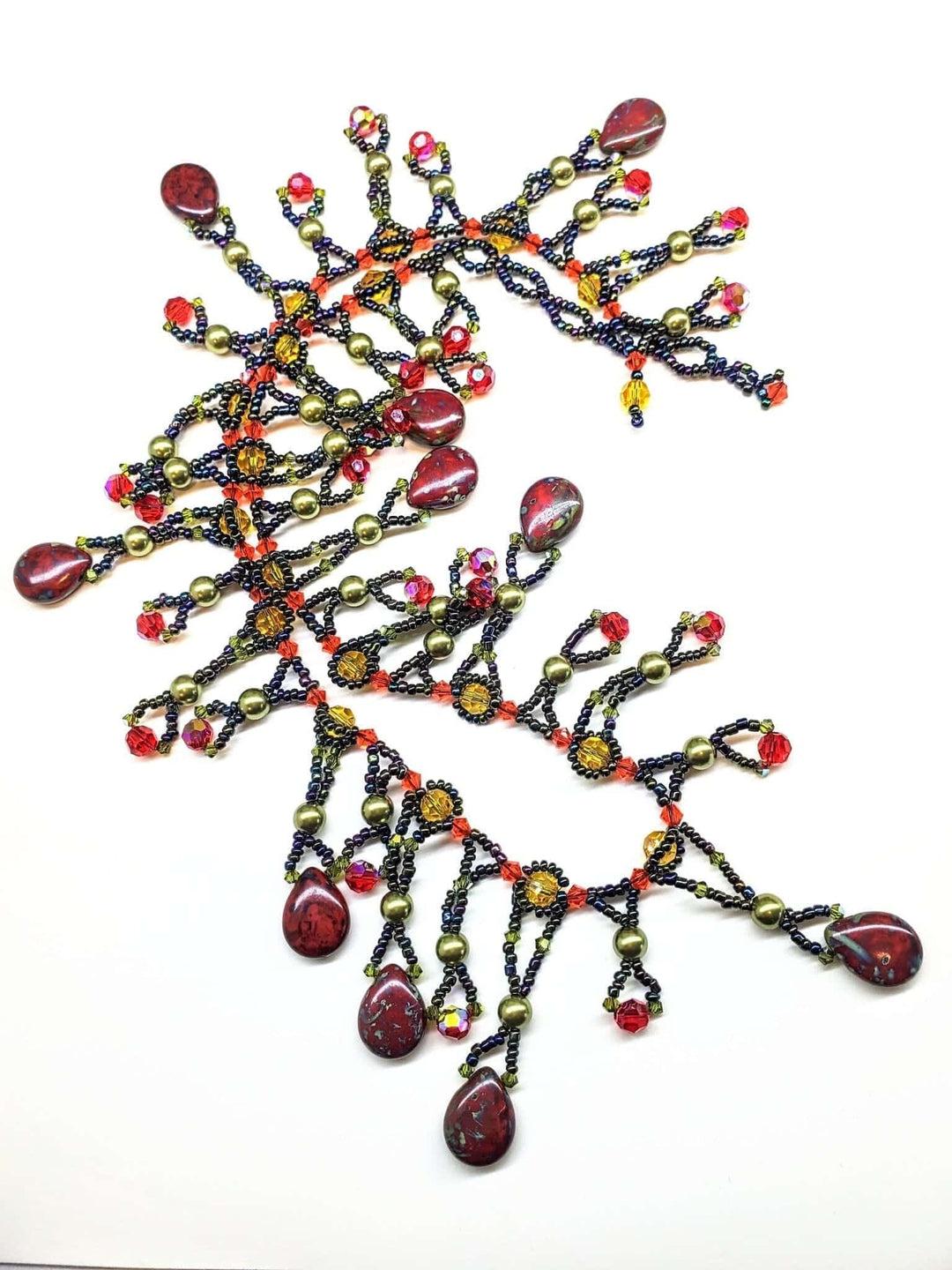 AMDV001Handmade waterfall statement necklace. Red Green beaded glamNecklacesNecklace$ 179.00Alexa Martha Designs