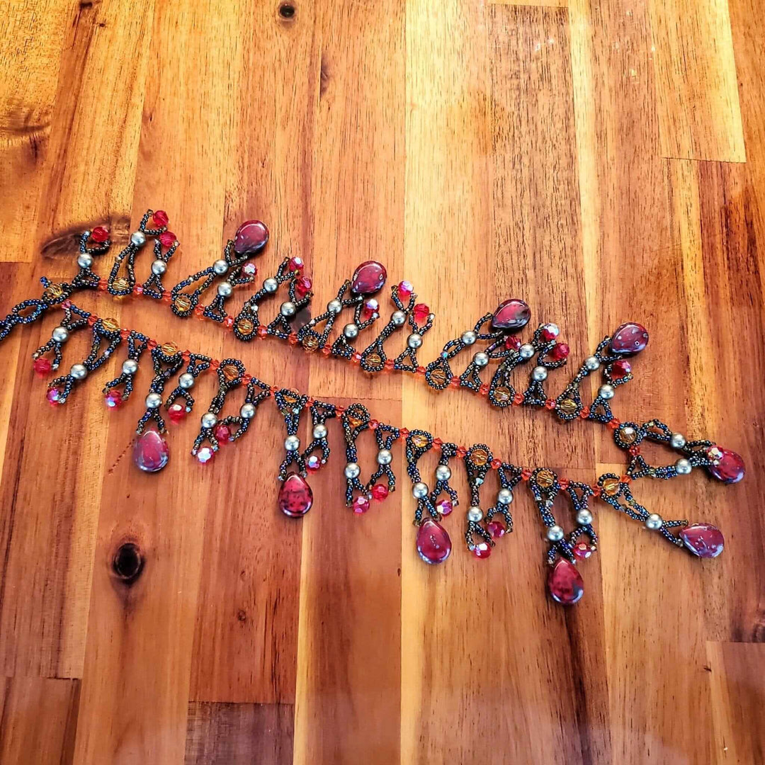 AMDV001Handmade waterfall statement necklace. Red Green beaded glamNecklacesNecklace$ 179.00Alexa Martha Designs