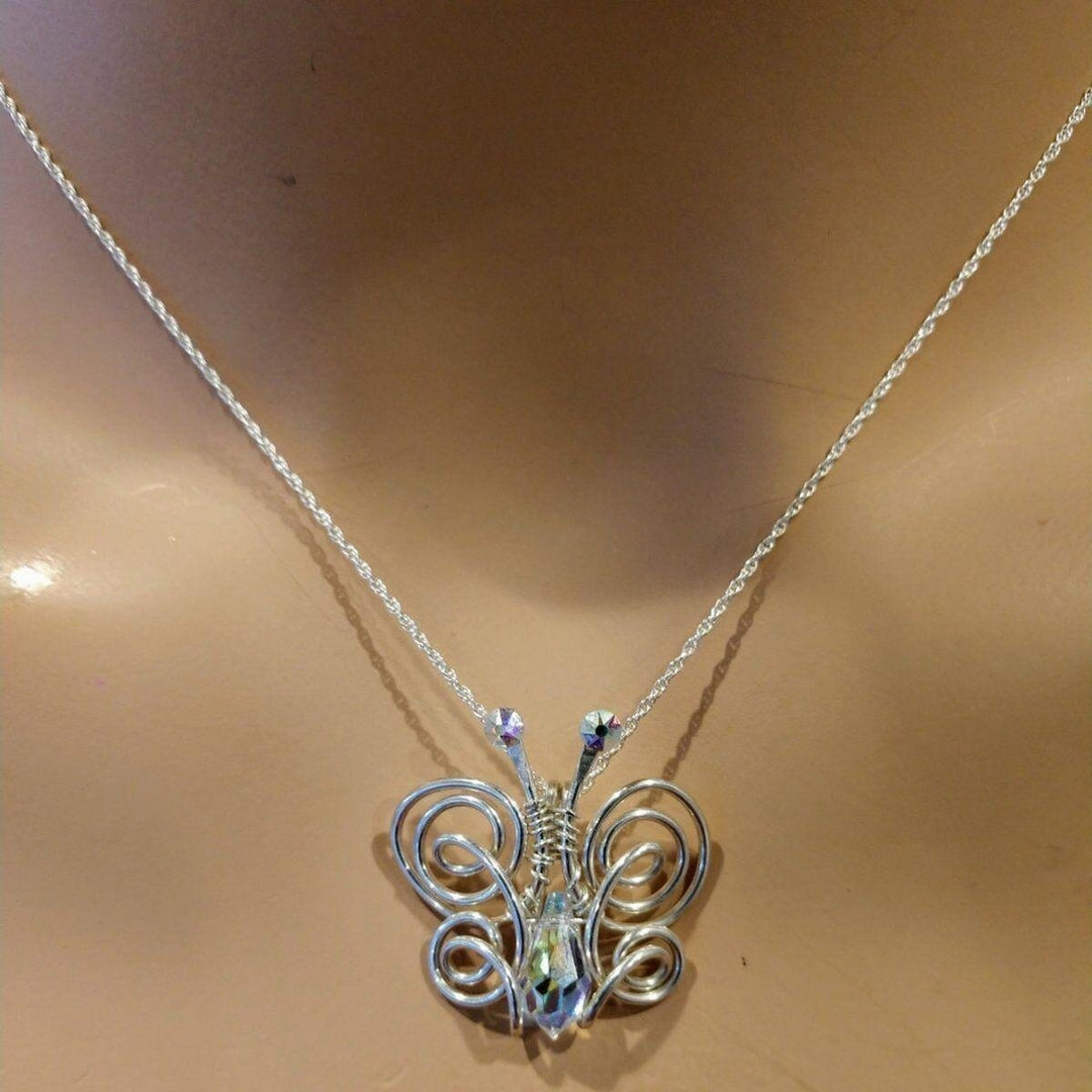 Sterling Silver Wire Coiled Crystal Butterfly In Flight Necklace ...