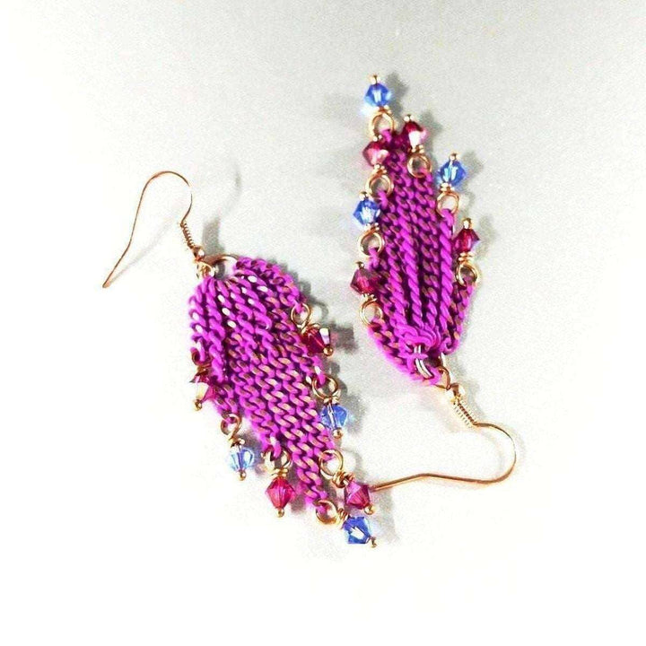 Hot Pink Tassel Chain Crystal Earrings - Earrings - Alexa Martha Designs   
