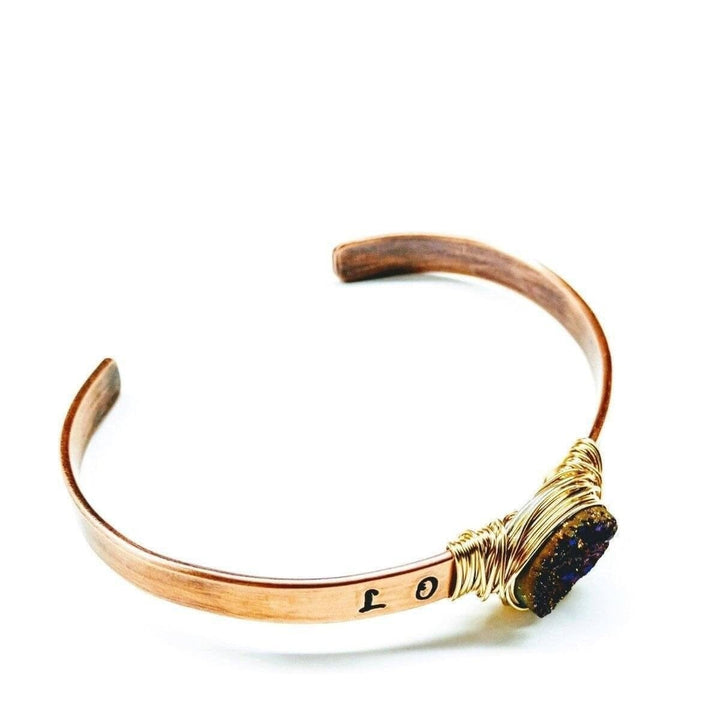 AMD1142LOVE Stamped Gold Wire Wrapped Purple Druzy Copper Cuff JewelryBracelet$ 64.00Alexa Martha Designs