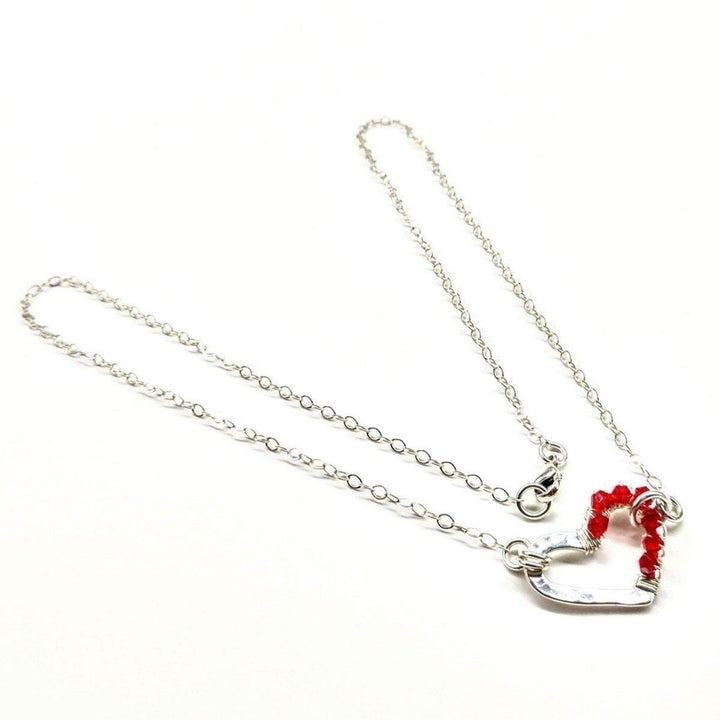 Silver Red Crystal Hammered Heart Necklace Necklace Alexa Martha Designs 