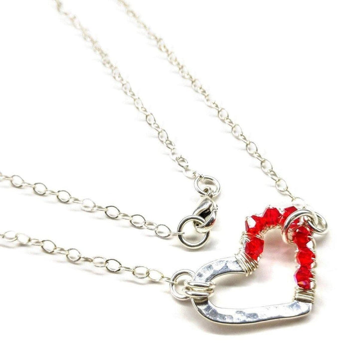 Silver Red Crystal Hammered Heart Necklace Necklace Alexa Martha Designs 