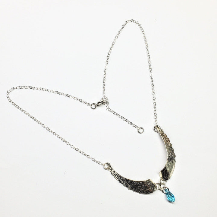 Silver Sculpted Angel Wings Crystal Drop Necklace - Necklace - Alexa Martha Designs   