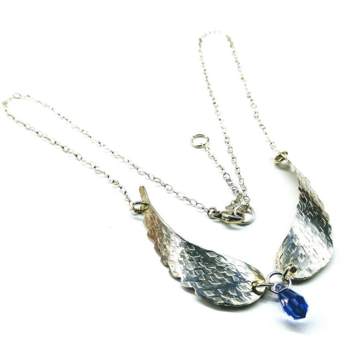 Silver Sculpted Angel Wings Crystal Drop Necklace Necklace Alexa Martha Designs Purple Crystal Drop 