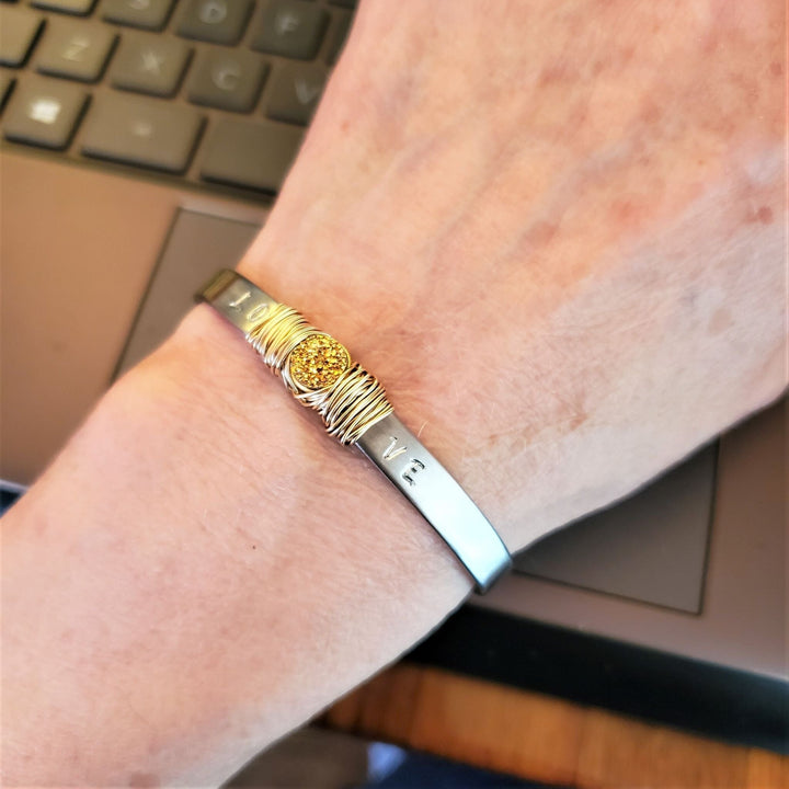 Stainless Steel LOVE Stamped Wire Wrapped Gold Druzy Cuff - Bangles /Bracelets - Alexa Martha Designs   