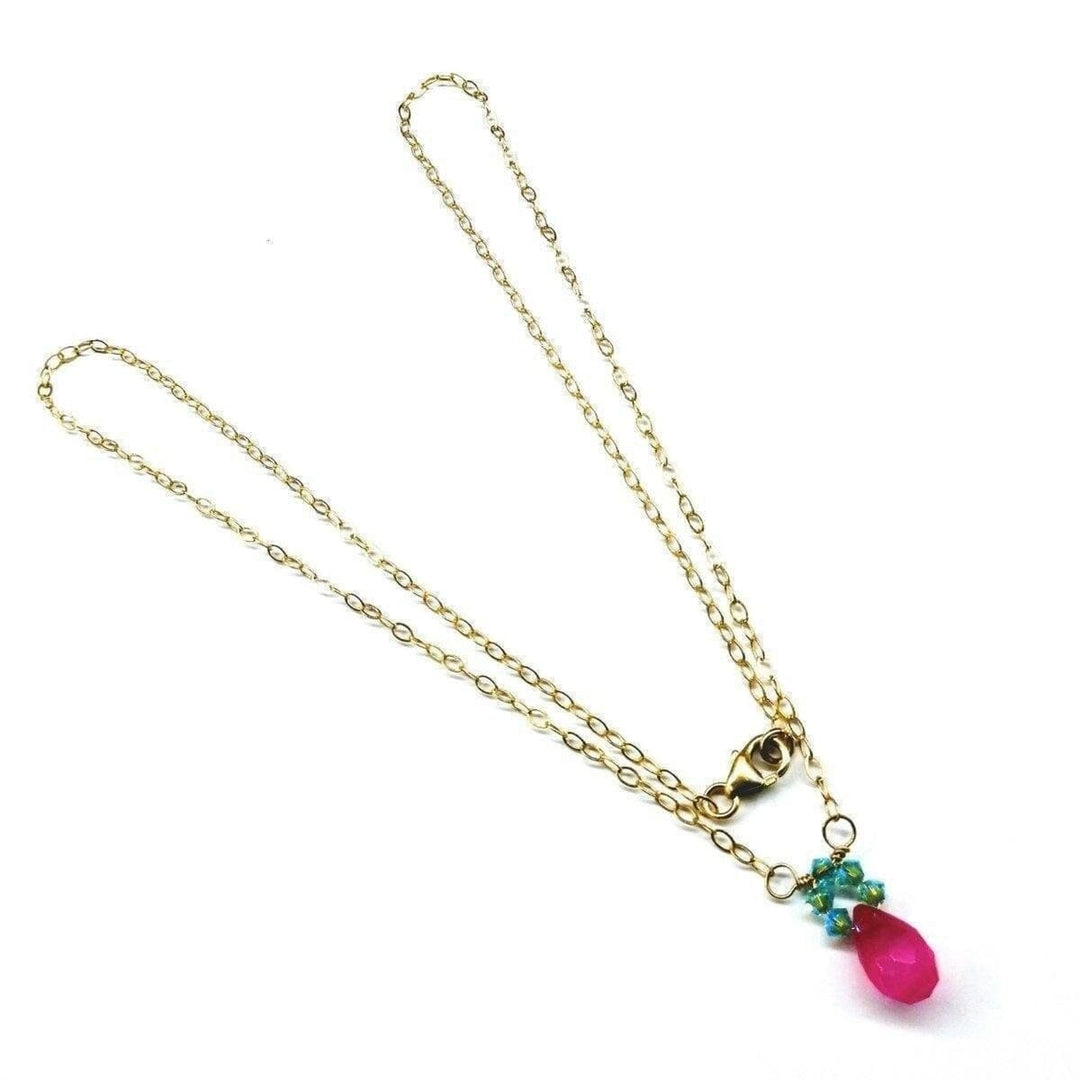 Pink Gemstone Drop and Turquoise Crystal 14 K Gold Filled Necklace - Necklace - Alexa Martha Designs   