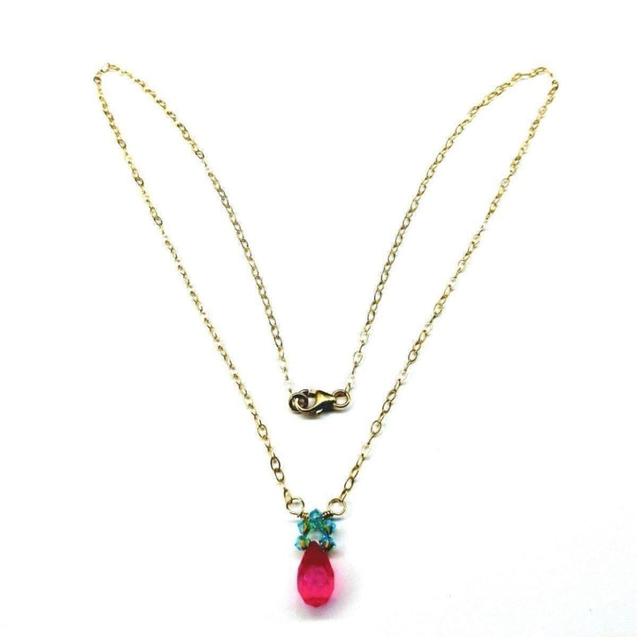 Pink Gemstone Drop and Turquoise Crystal 14 K Gold Filled Necklace - Necklace - Alexa Martha Designs   