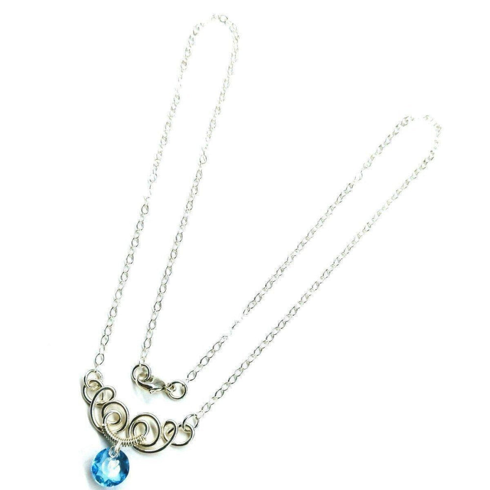Silver Wire Sculpted Round Aqua Crystal Pendant Necklace - Necklace - Alexa Martha Designs   
