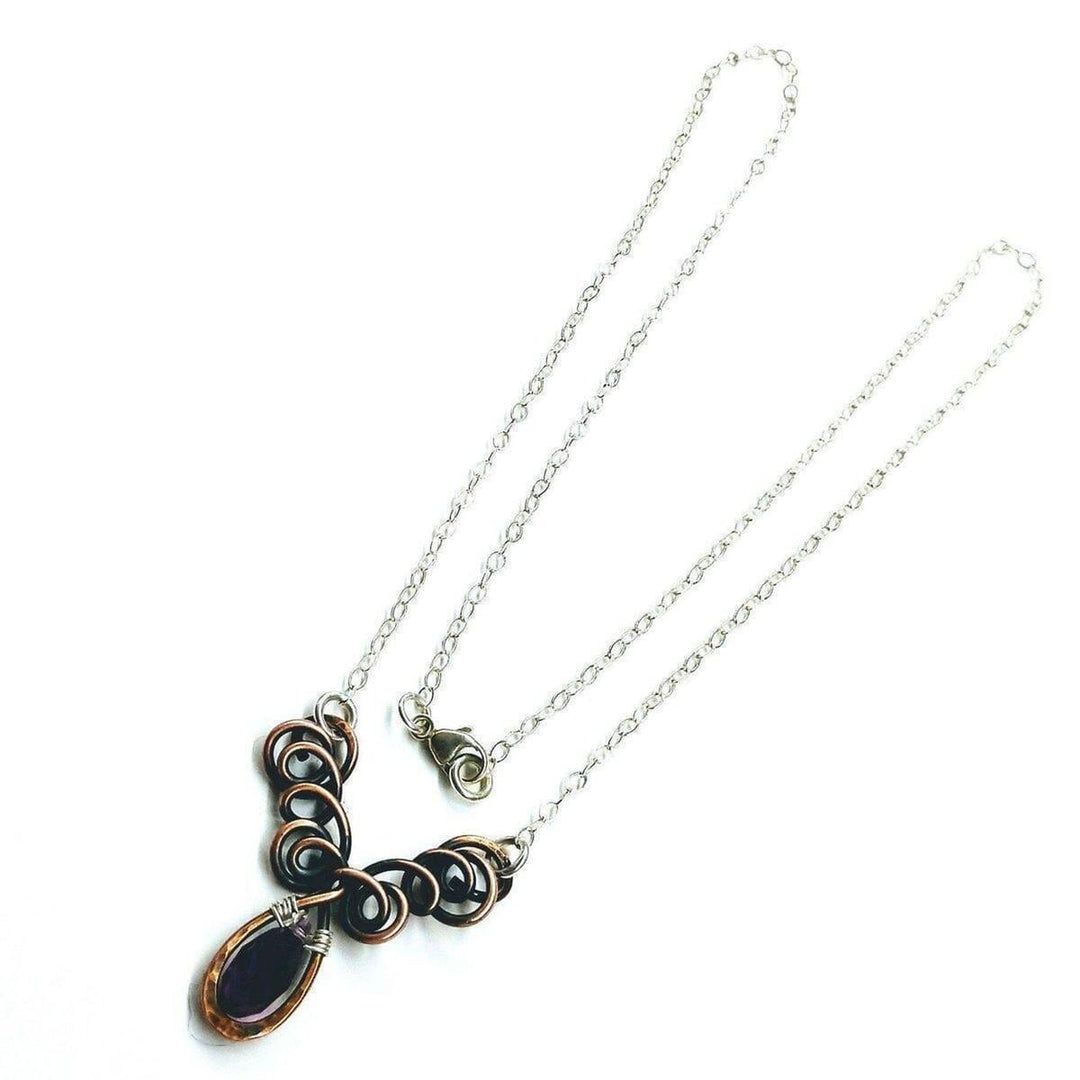 Sterling Silver and Copper Wire Sculpted Amethyst Crystal Drop Necklace - Necklace - Alexa Martha Designs   