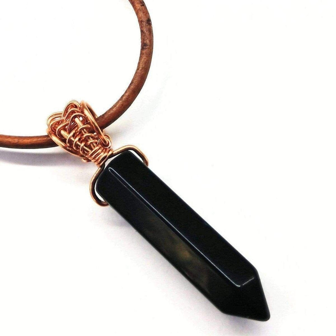 Men's Rustic Wire Wrapped Pointed Gemstone Crystal Leather Necklace Leather Necklace Alexa Martha Designs Black - Black Jade 
