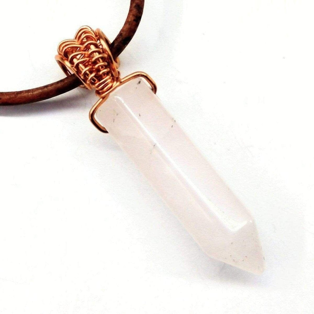 Men's Rustic Wire Wrapped Pointed Gemstone Crystal Leather Necklace Leather Necklace Alexa Martha Designs Rose - Rose Quartz 