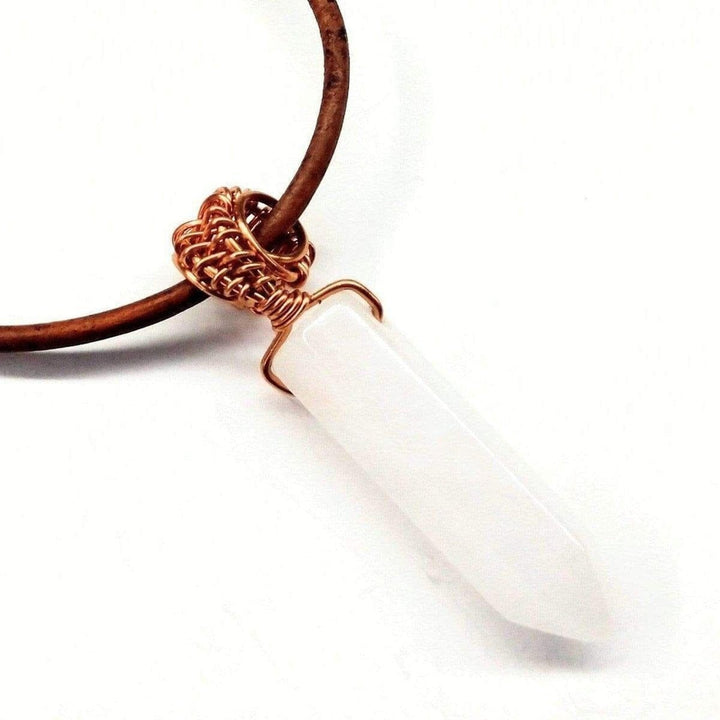 Men's Rustic Wire Wrapped Pointed Gemstone Crystal Leather Necklace Leather Necklace Alexa Martha Designs White - White Quartz 