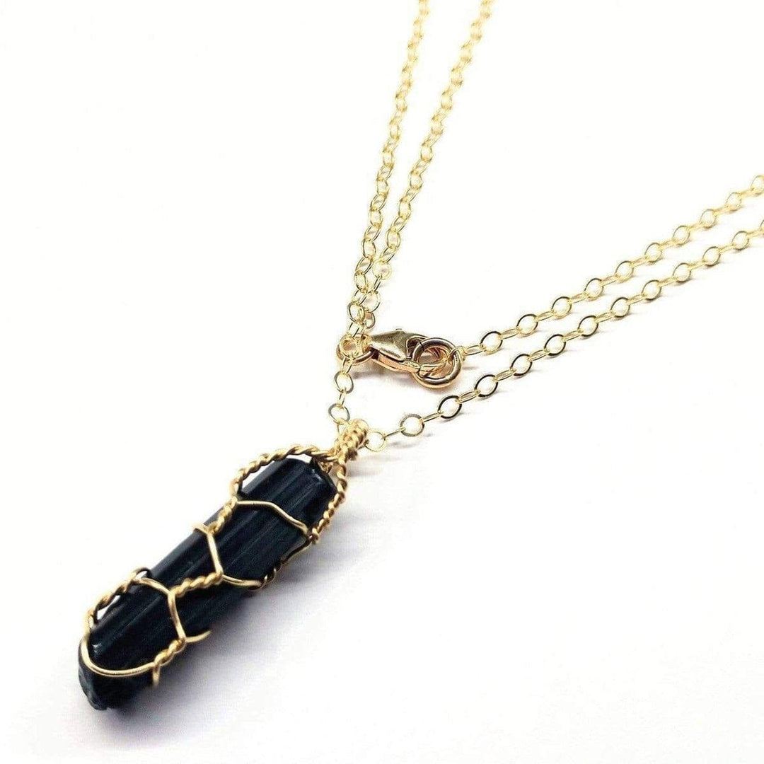 Messy Gold Wire Wrapped Black Tourmaline Pointed Crystal Pendant -Necklace - Alexa Martha Designs