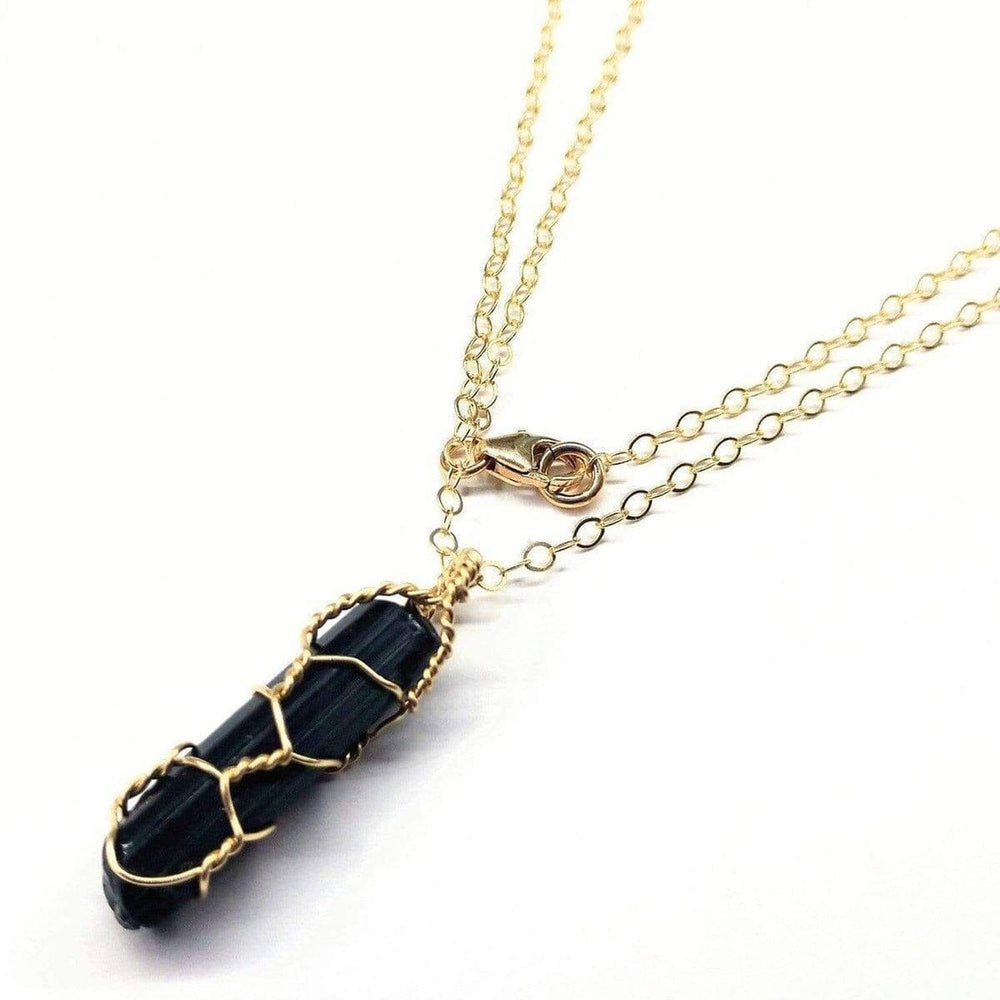 Messy Gold Wire Wrapped Black Tourmaline Pointed Crystal Pendant - Necklace - Alexa Martha Designs   