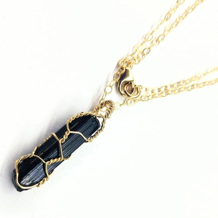 Messy Gold Wire Wrapped Black Tourmaline Pointed Crystal Pendant -Necklace - Alexa Martha Designs